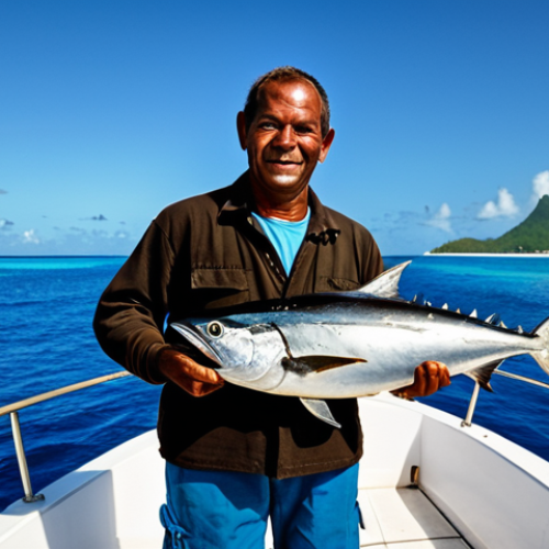 **

A professional fisherman, fully clothed in appropriate attire, standing on a boat on the Seychelles islands, holding a large tuna. The background shows a clear blue sky and calm ocean. Focus on perfect anatomy, correct proportions, and well-formed hands. Safe for work, appropriate content, family-friendly, professional photograph, high quality.

**