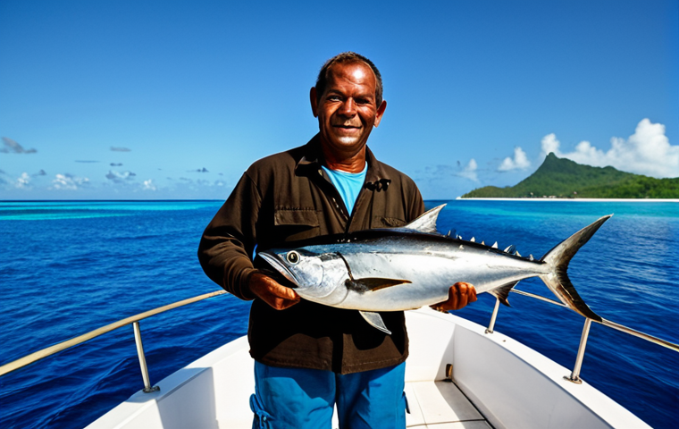 **
A professional fisherman, fully clothed in appropriate attire, standing on a boat on the Seychelles islands, holding a large tuna. The background shows a clear blue sky and calm ocean. Focus on perfect anatomy, correct proportions, and well-formed hands. Safe for work, appropriate content, family-friendly, professional photograph, high quality.
**